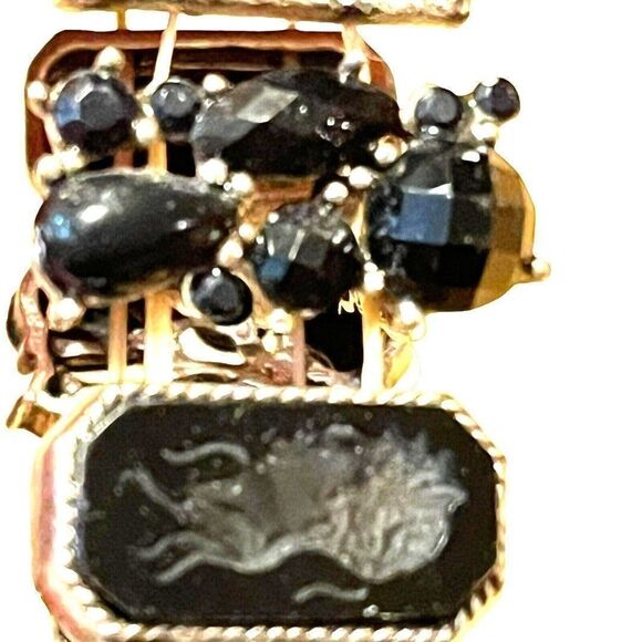 Costume Silver w/ Black Onyx Lucite Embossed Jewelry Bracelet Panels Stretch - Picture 5 of 8